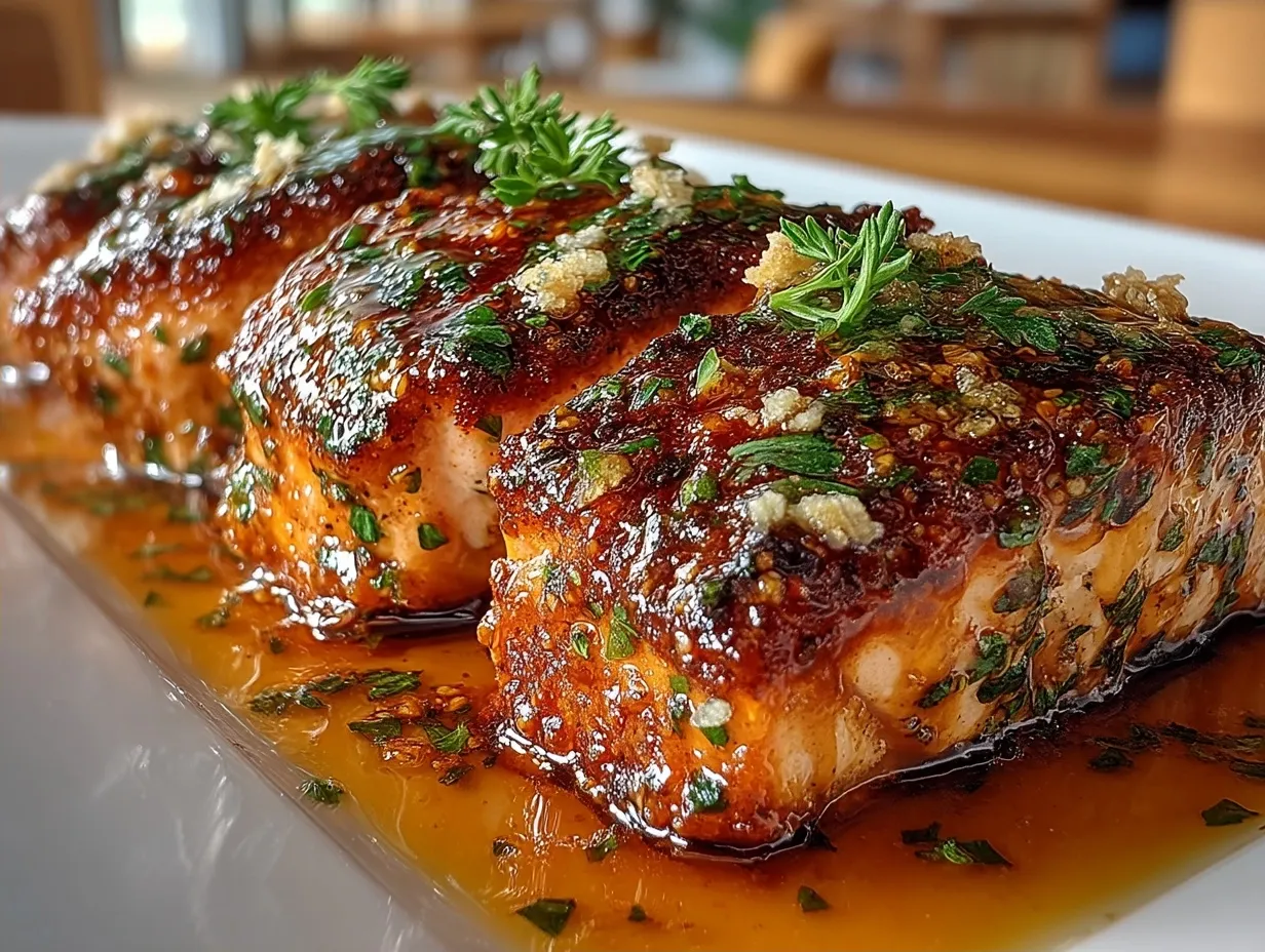 Cajun Honey Butter Grilled Salmon plated with lemon wedges and garnish