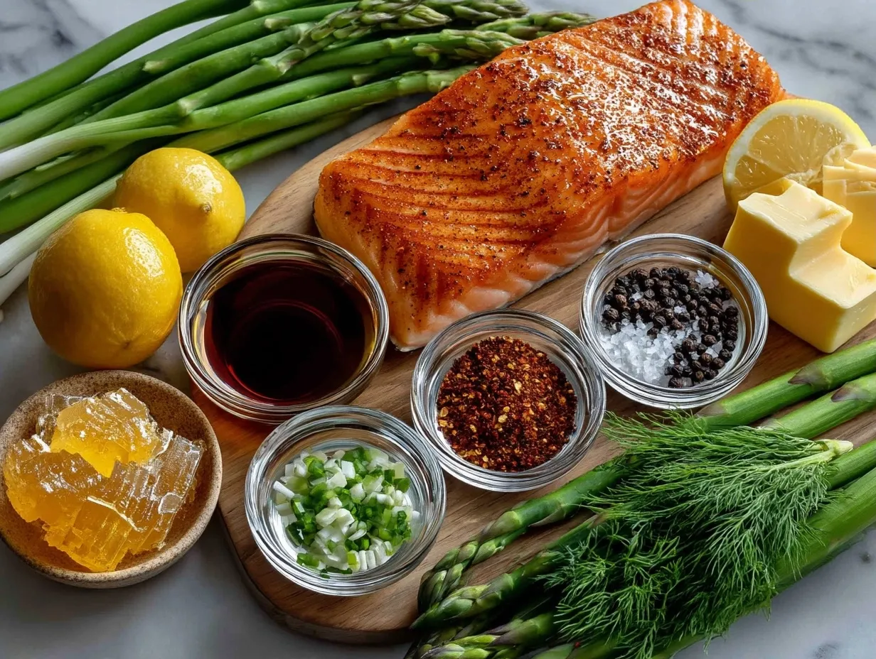 Ingredients for Cajun Honey Butter Grilled Salmon laid out on a kitchen counter