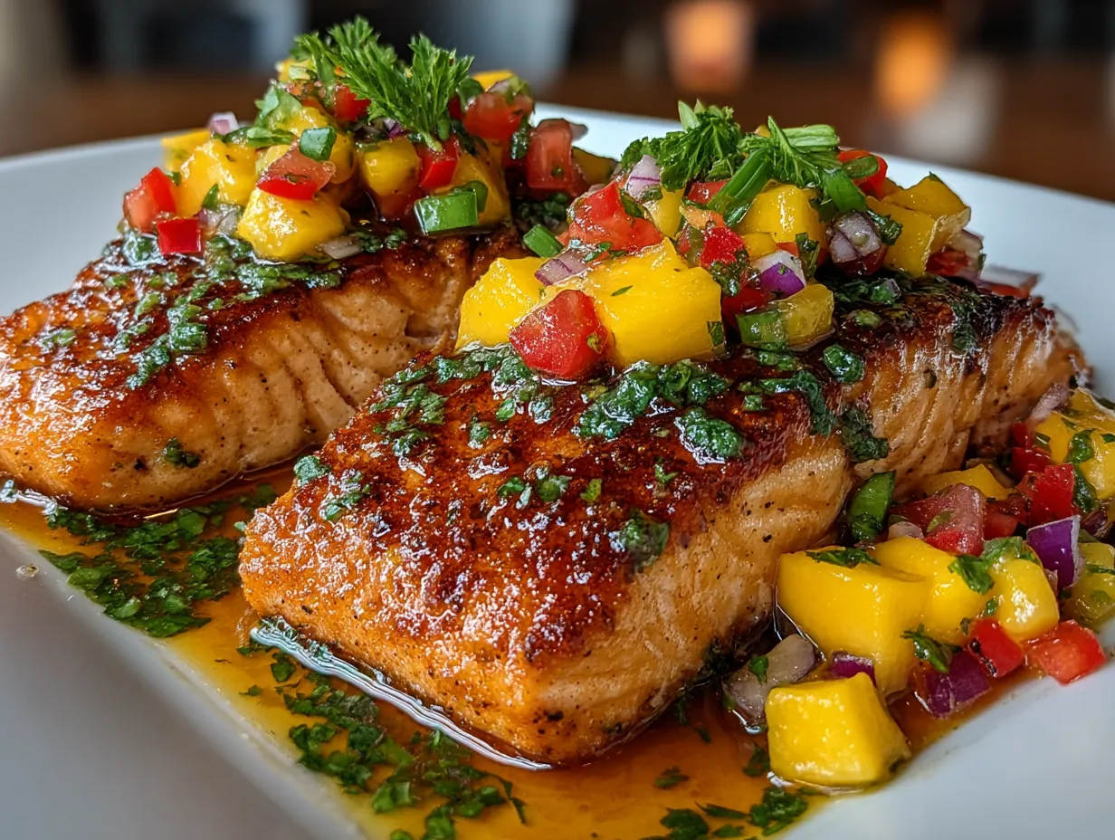 Serving Cajun Salmon Mango Salsa plated with fresh mango salsa