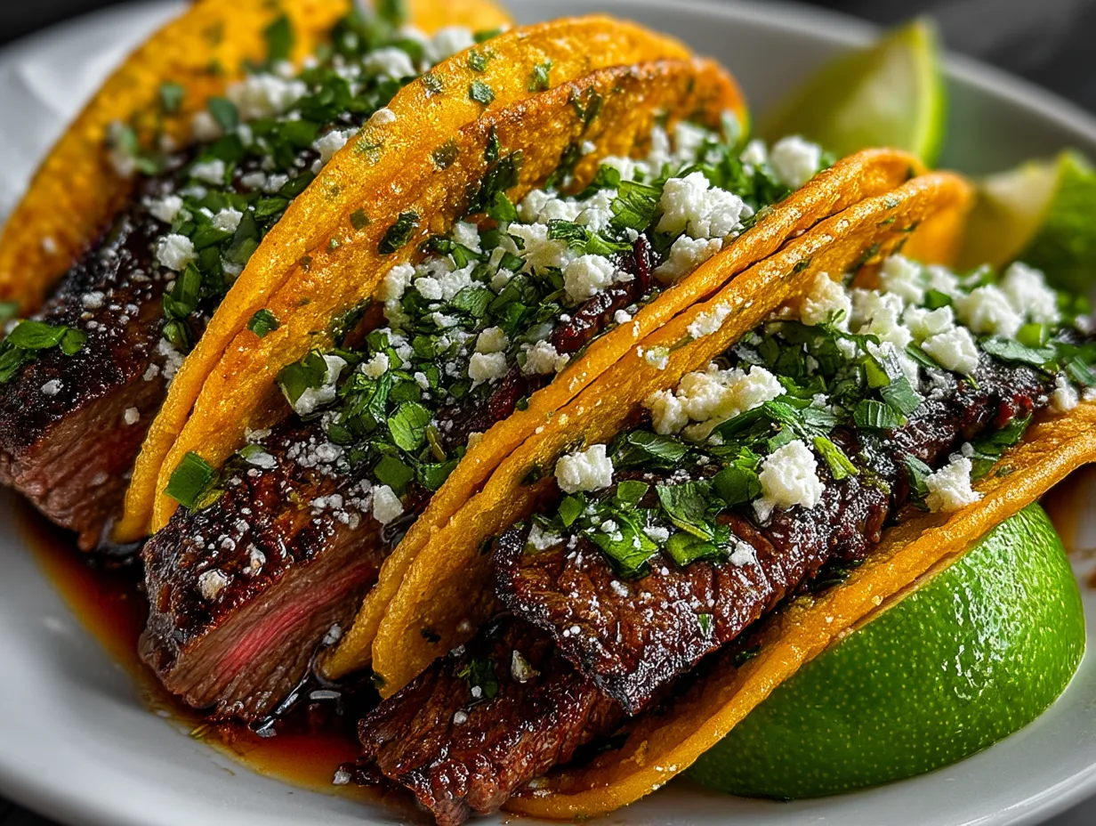 Served carne asada tacos garnished with cilantro, onions, and lime wedges on a colorful platter