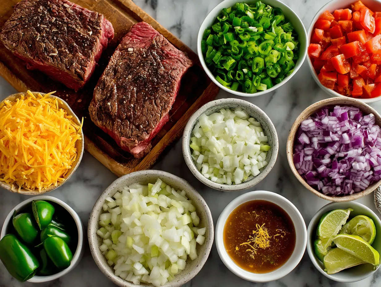Ingredients for carne asada tacos including skirt steak, garlic, lime, cilantro, and spices