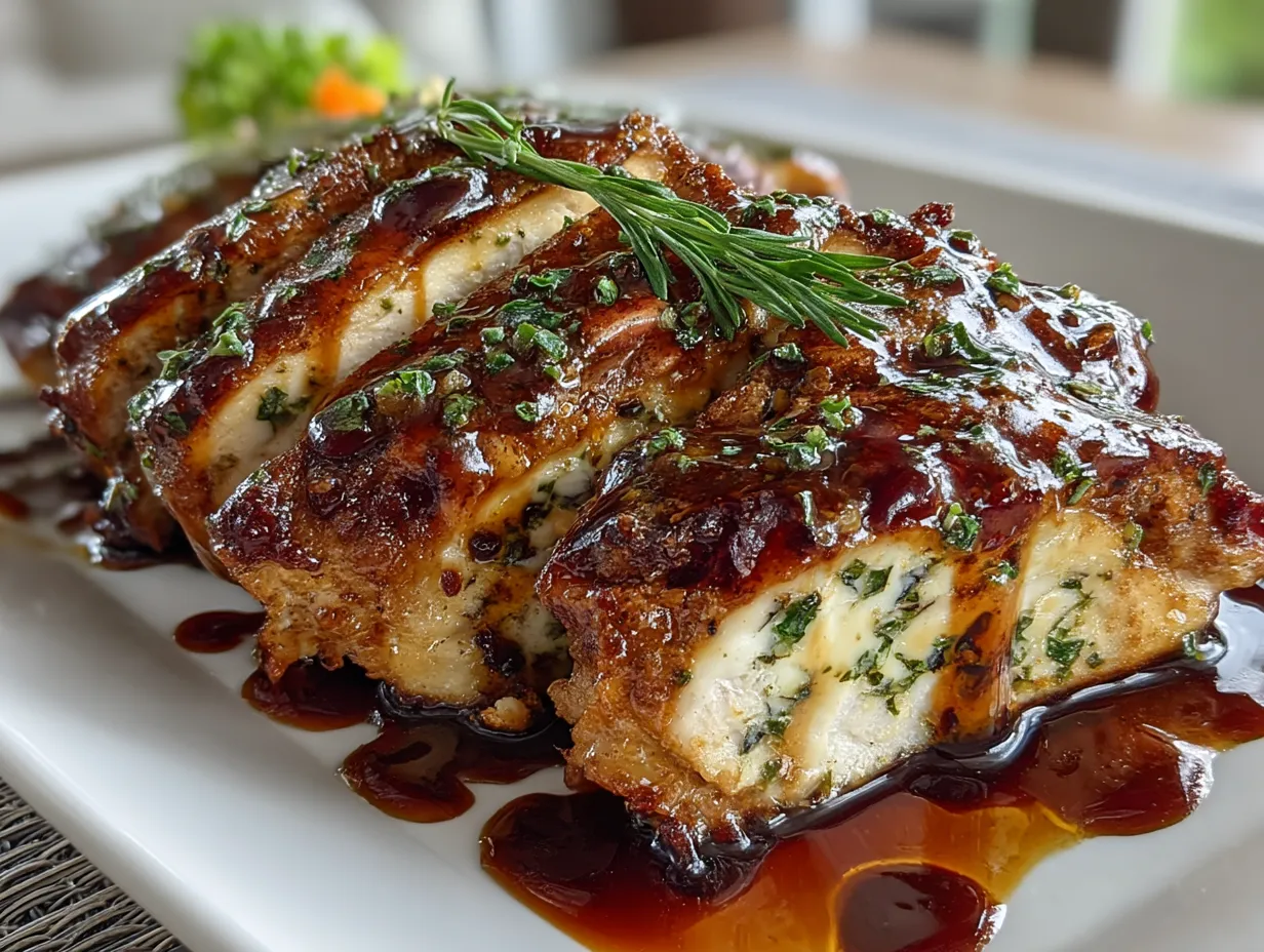 Cherry Balsamic Chicken served with fresh herbs and side dishes