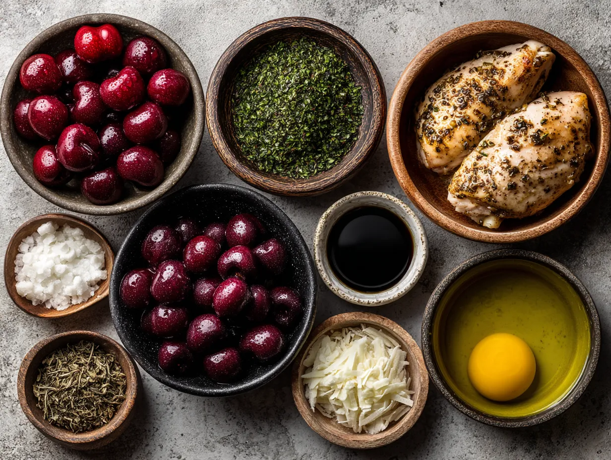 Ingredients for Cherry Balsamic Chicken including chicken breasts, fresh cherries, balsamic vinegar, honey, garlic, and herbs