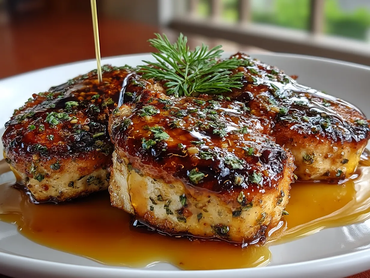 Plated Cherry Honey Mustard Chicken with roasted vegetables and garnish