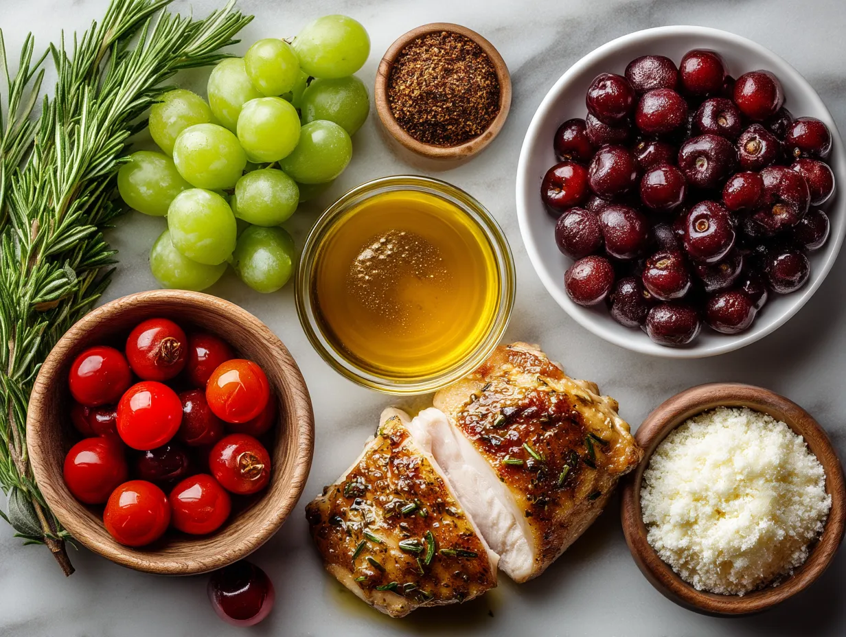 Ingredients for Cherry Honey Mustard Chicken including chicken thighs, cherries, honey, and mustard