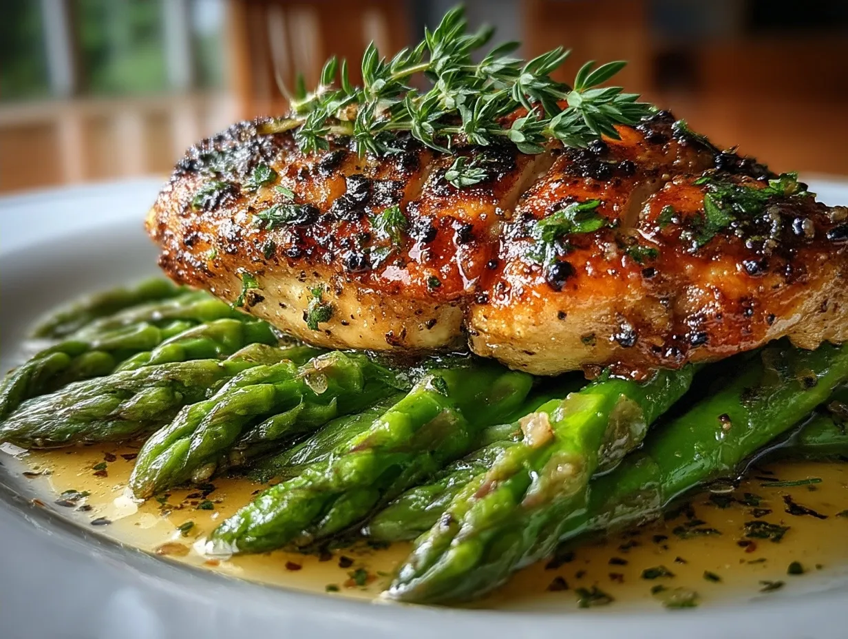 Plated chicken and asparagus dish with fresh garnish and side serving