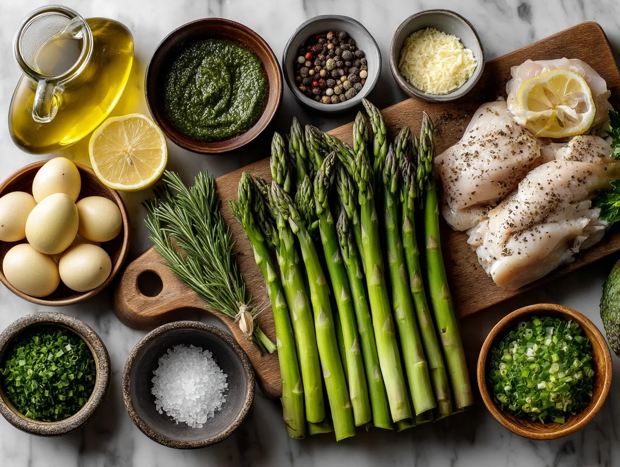 Fresh ingredients including chicken breasts, asparagus, garlic cloves, lemon, olive oil, and herbs for making chicken and asparagus