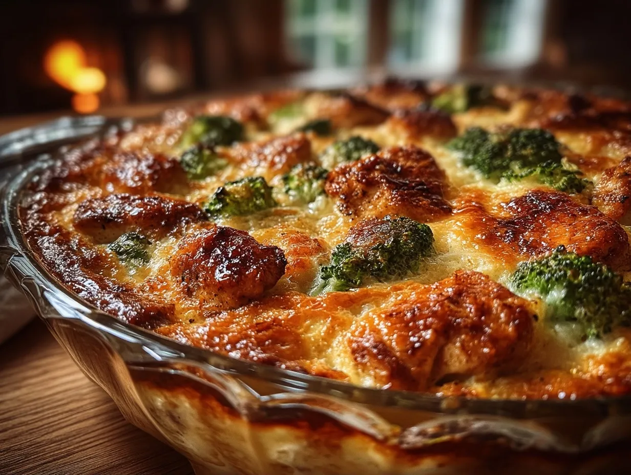 Golden cheese topped Chicken and Broccoli Bake served at the table