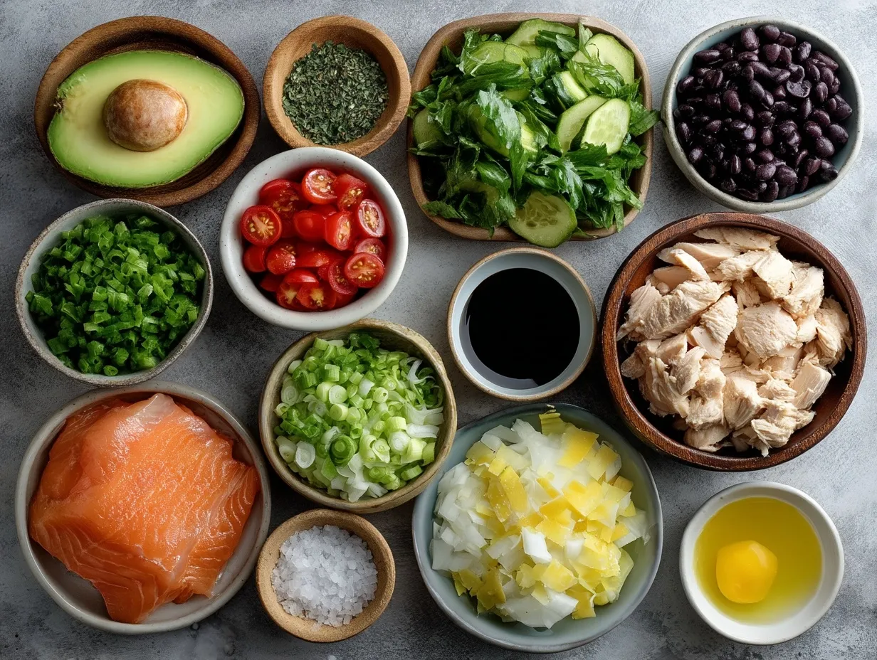 Ingredients for a flavorful chicken bowl laid out on a kitchen counter