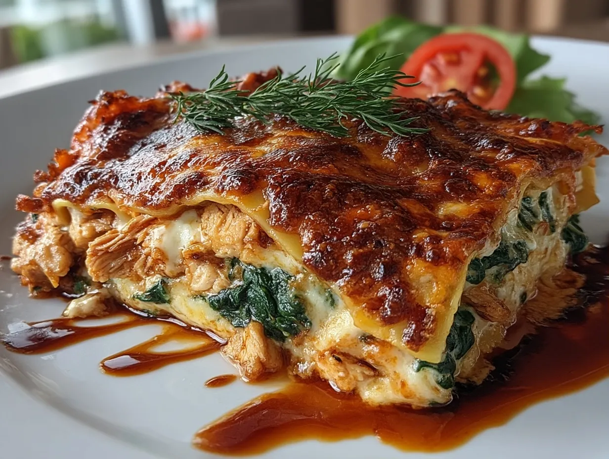 Serving bowl of Chicken Lasagna with Spinach with fresh basil garnish