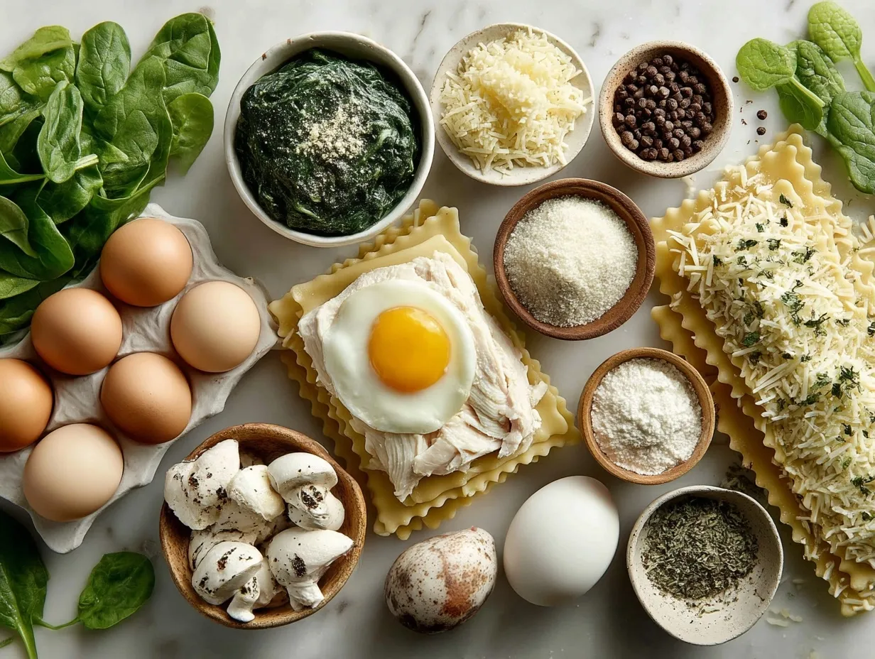 Ingredients for Chicken Lasagna with Spinach laid out on a kitchen counter