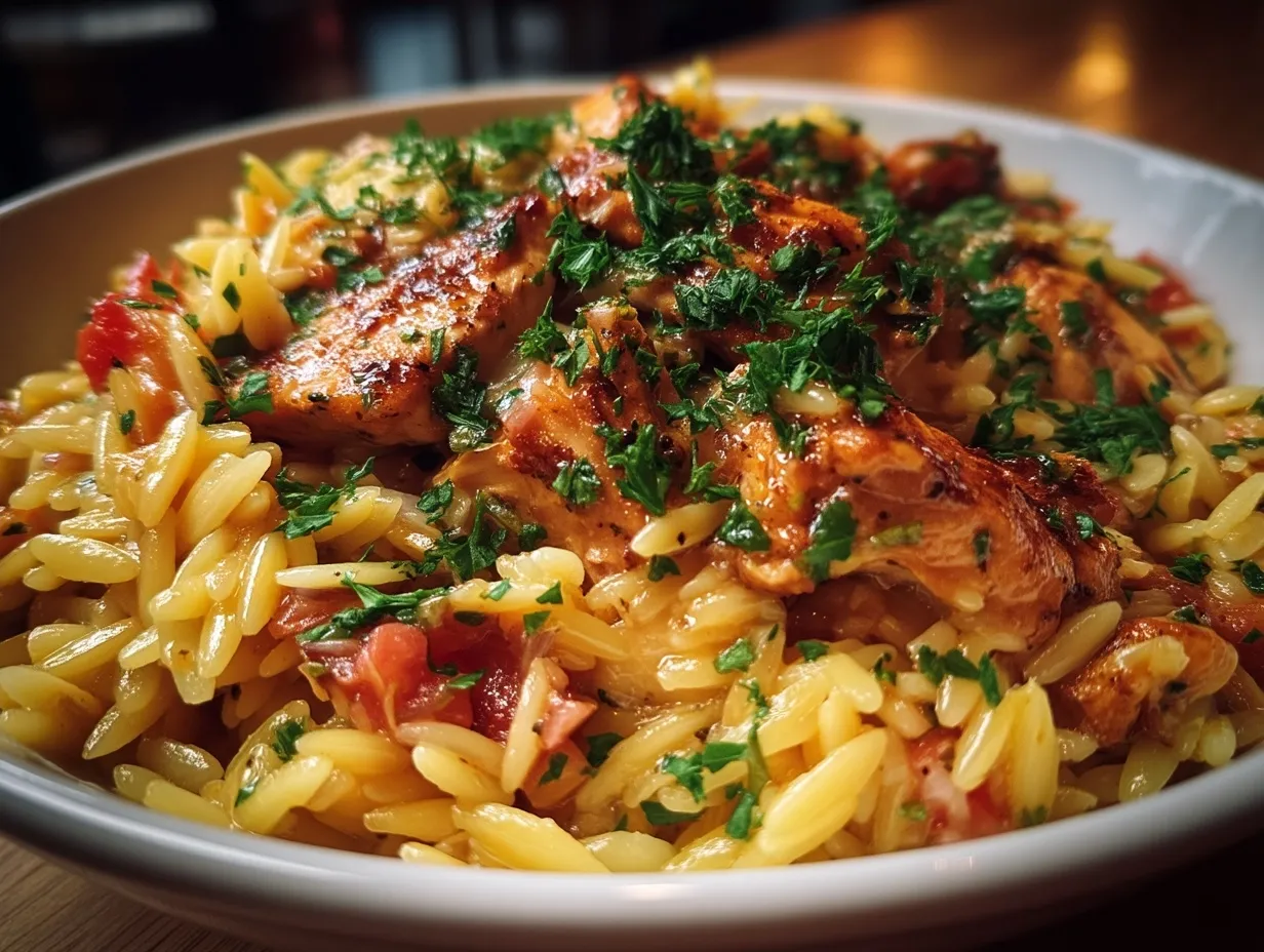 Served chicken orzo dish garnished with fresh herbs in a shallow bowl