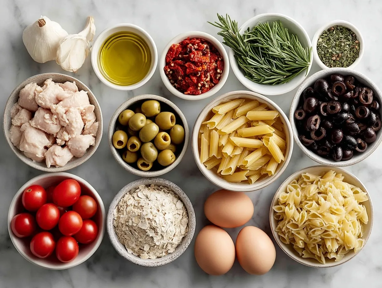 Ingredients for chicken orzo including olive oil, chicken thighs, orzo pasta, onion, garlic, chicken broth, tomatoes, spinach, Parmesan cheese, herbs, and lemon