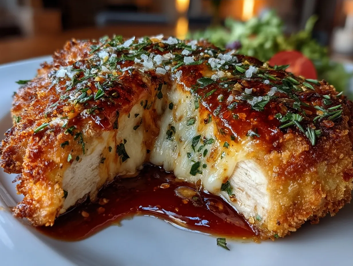 Serving plate of crispy Chicken Romano with garnished parsley and sides