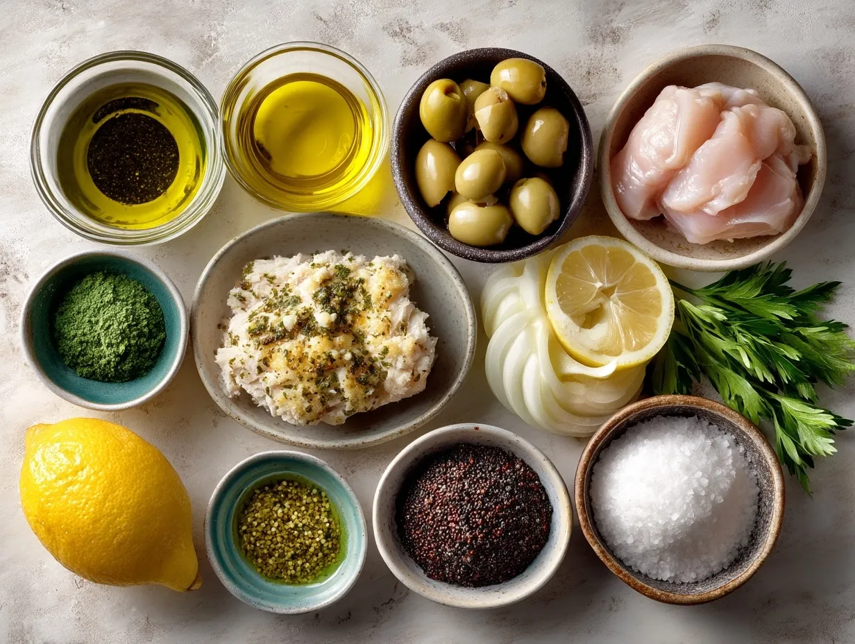 Ingredients laid out for crispy chicken romano including chicken breasts, Parmesan, flour, and herbs