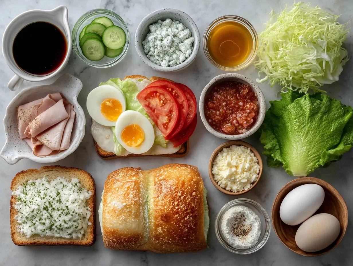 Ingredients for a classic club sandwich including bacon, lettuce, tomato, chicken, bread, and mayonnaise