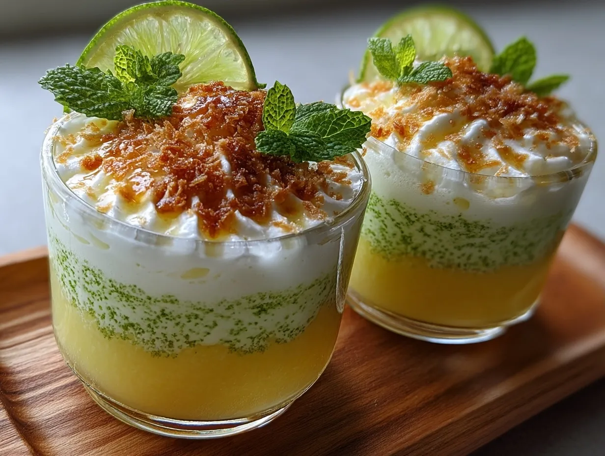 A glass of coconut lime mocktail garnished with mint and lime wedges set on a wooden surface
