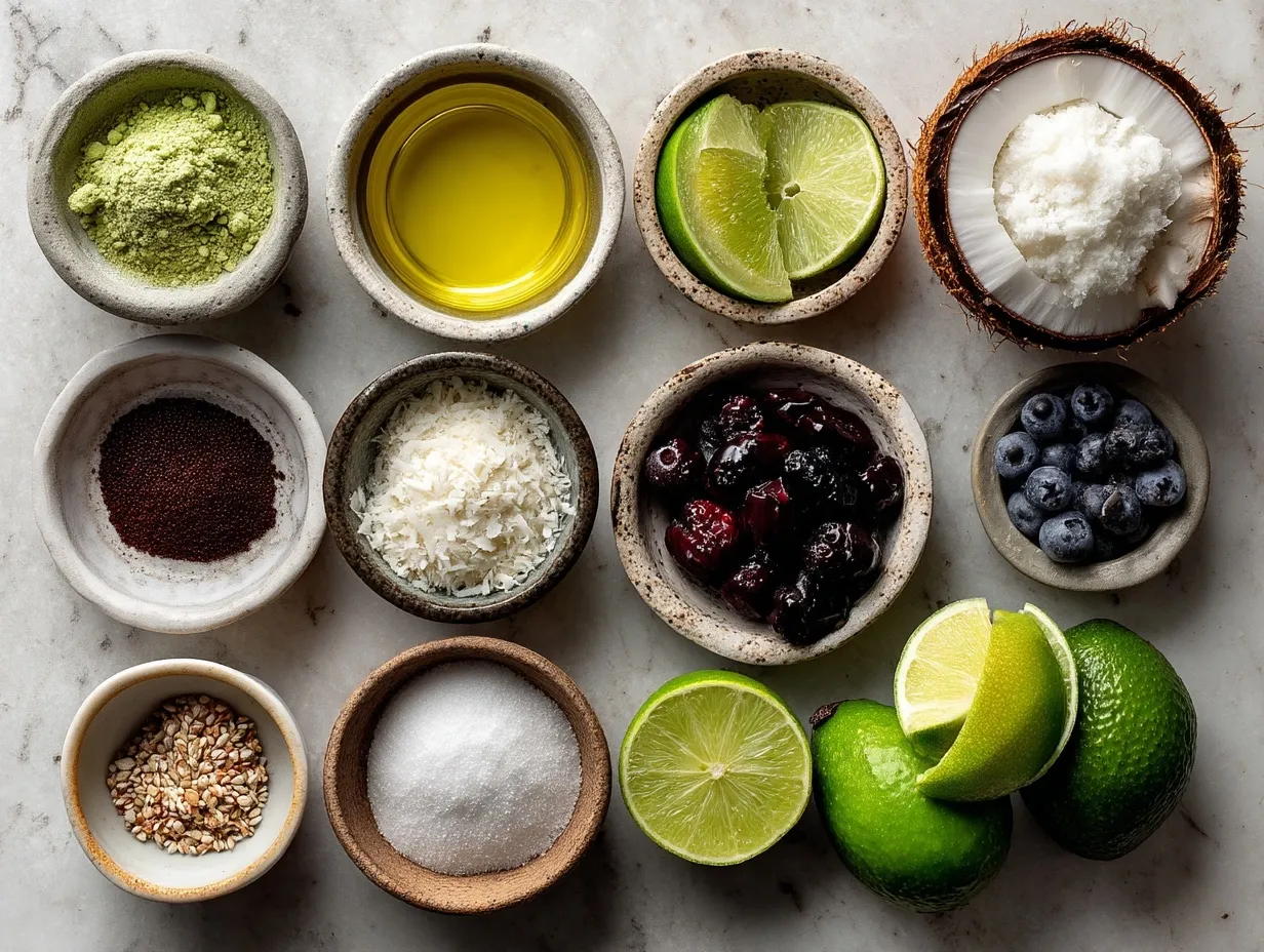 Ingredients for Coconut Lime Mocktails including coconut milk, lime juice, simple syrup and mint