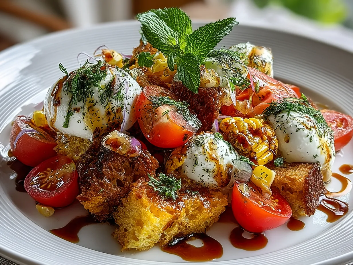 Serving Corn Burrata Panzanella with fresh basil and burrata cheese