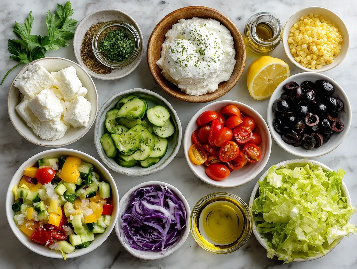 Ingredients for Corn Burrata Panzanella: bread cubes, corn kernels, tomatoes, burrata cheese, red onion, basil, olive oil, vinegar, salt and pepper
