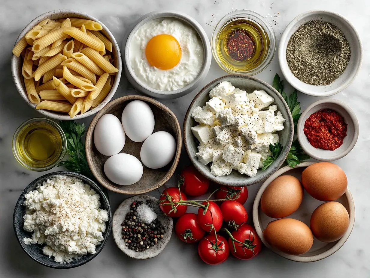 Ingredients for Cottage Cheese Alfredo Pasta displayed neatly