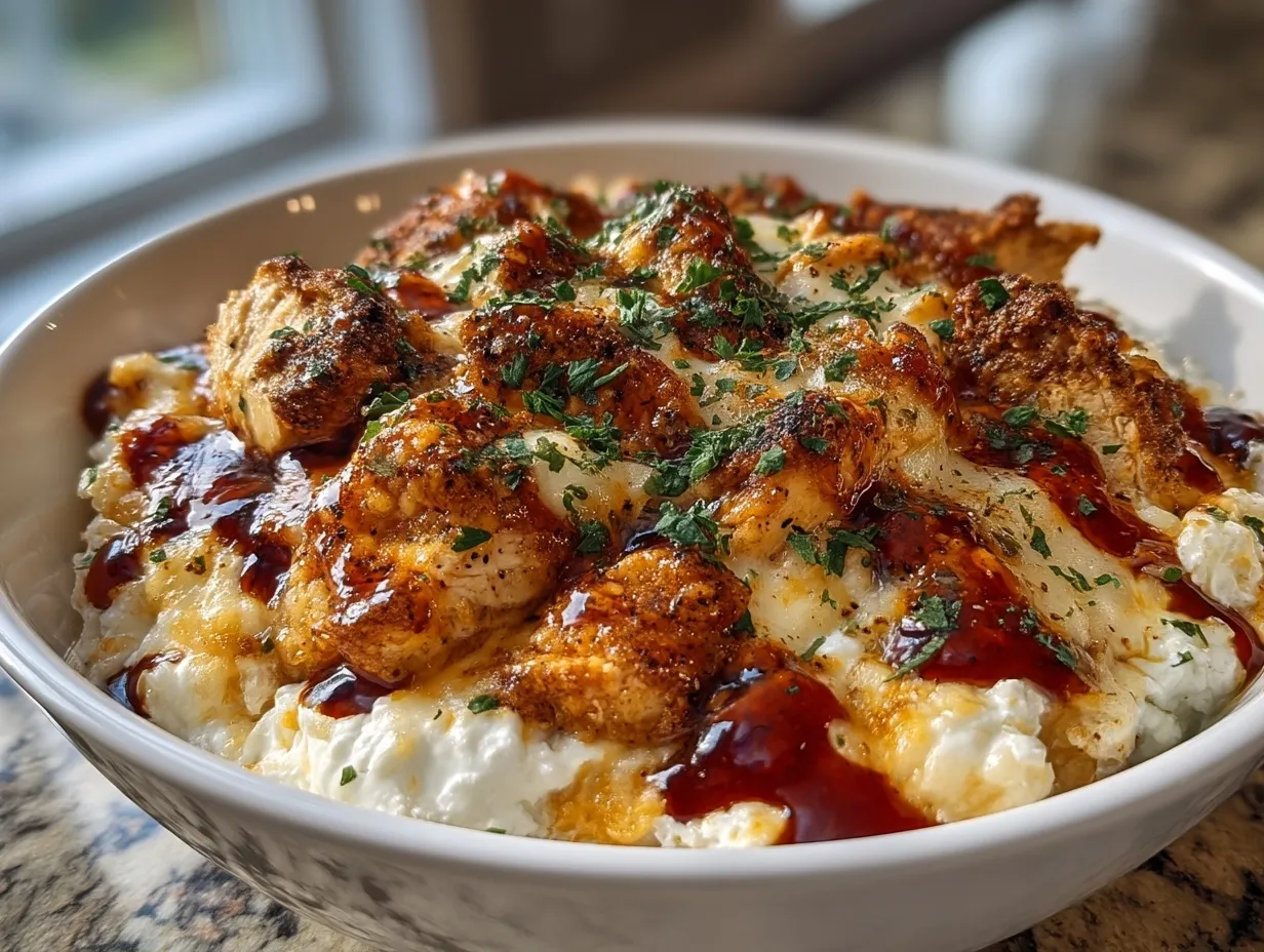 Cottage Cheese Chicken Parmesan Bowl served in a stylish ceramic bowl with fresh basil garnish