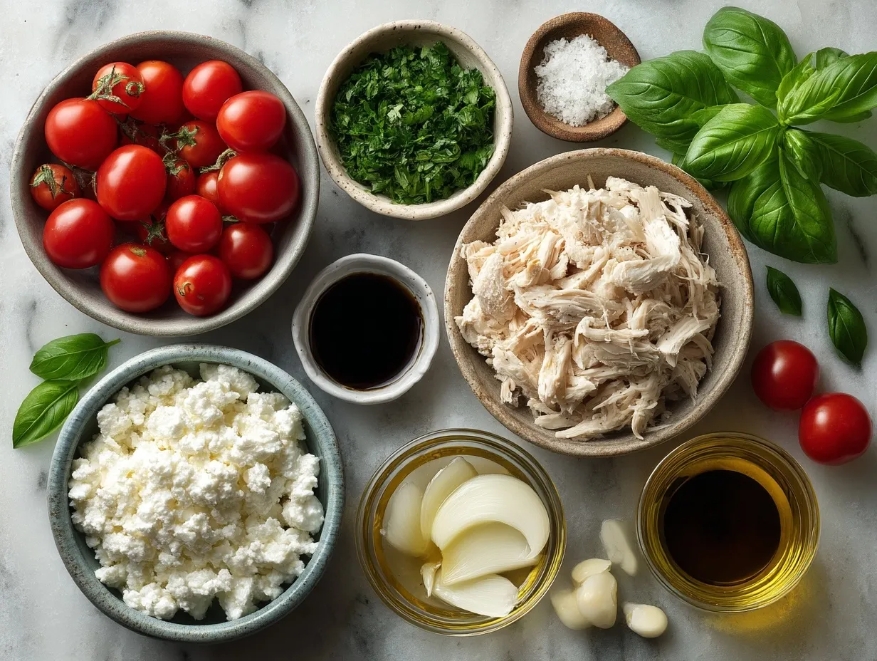 Ingredients laid out for Cottage Cheese Chicken Parmesan Bowl including chicken breasts, cottage cheese, parmesan, marinara sauce, vegetables, and herbs