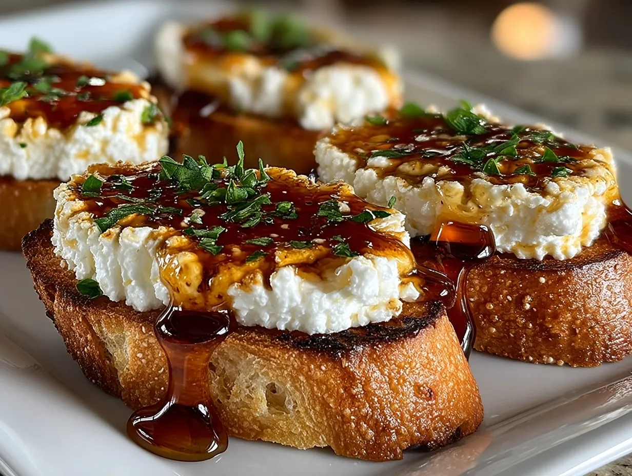 Cream Cheese Hot Honey Crostini served on a rustic wooden board