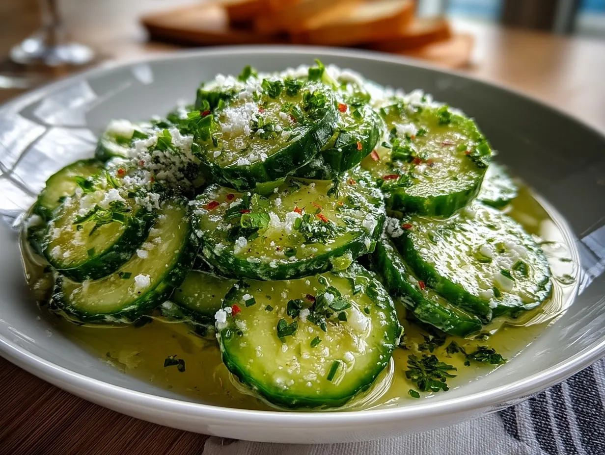 Creamy Italian cucumber salad served in a glass bowl
