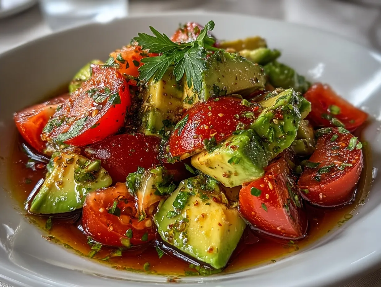 Cucumber tomato avocado salad served in a rustic wooden bowl garnished with basil and olive oil