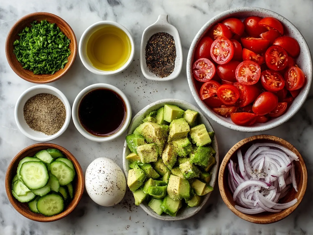 Fresh ingredients for cucumber tomato avocado salad including cucumbers, tomatoes, avocados, onions, basil, lemon, and olive oil