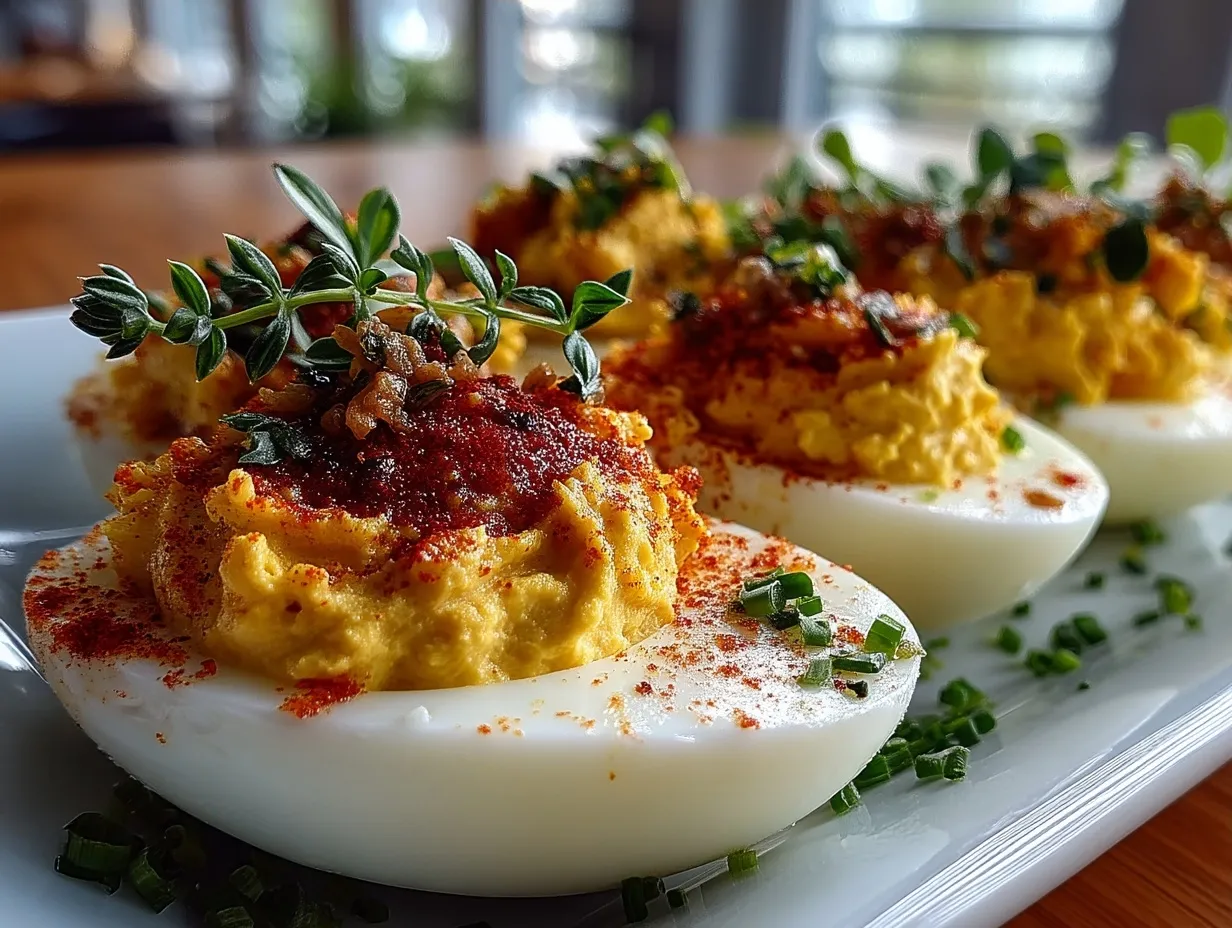 Beautifully arranged deviled eggs garnished with paprika and fresh herbs