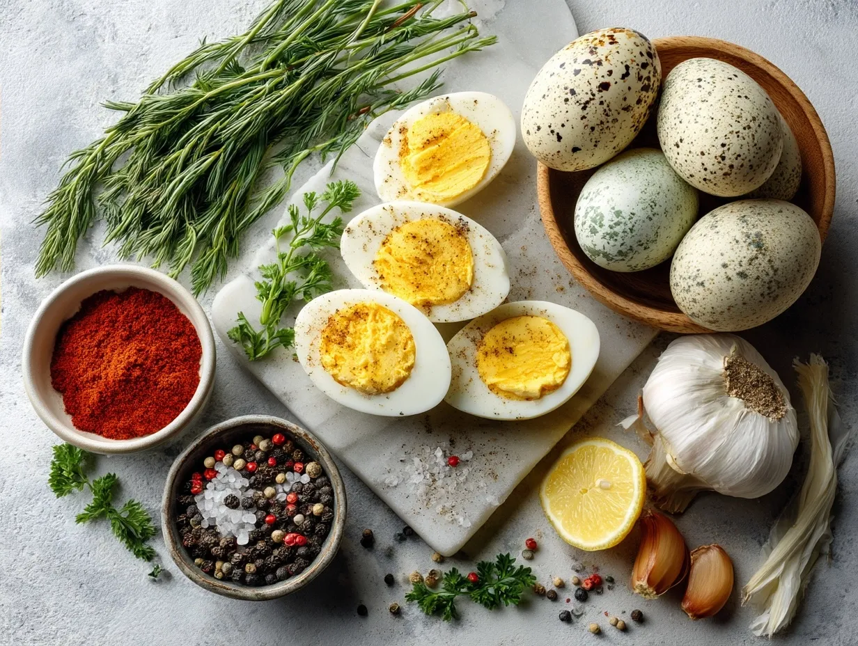 Ingredients for Classic Deviled Eggs laid out on a rustic wooden table