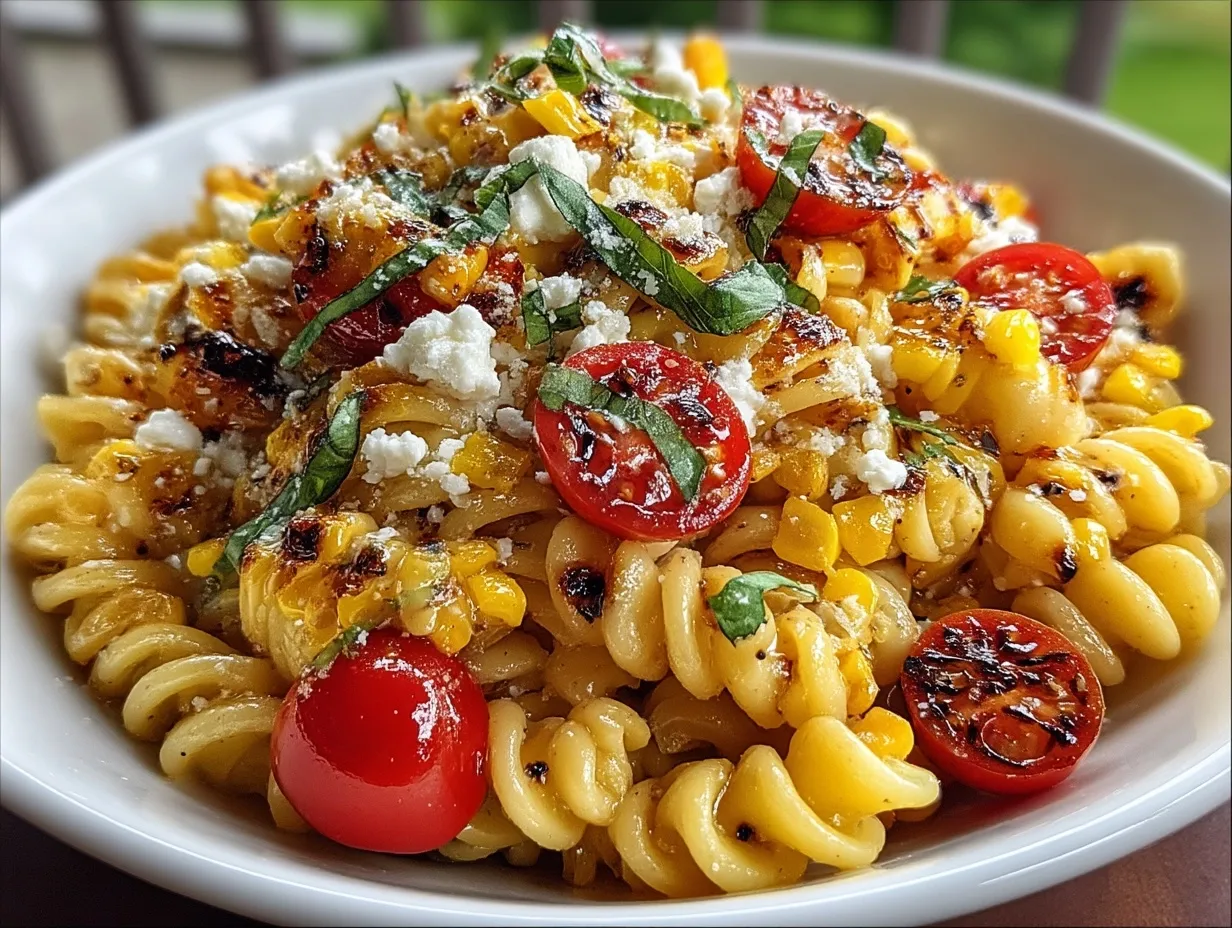 Elote Pasta Salad served in a vibrant bowl garnished with cilantro and lime wedges