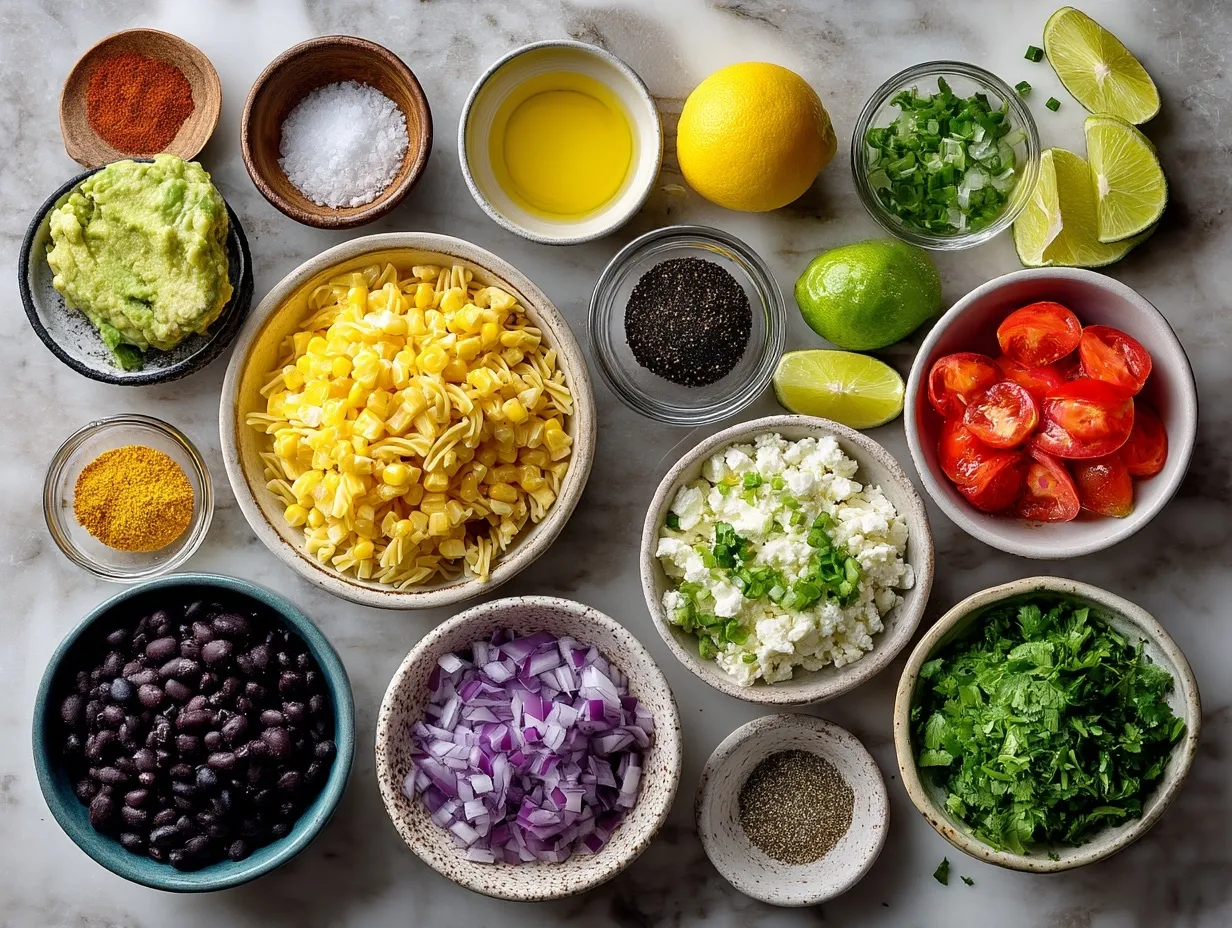 Fresh ingredients laid out for Elote Pasta Salad including pasta, corn, lime, and cheese