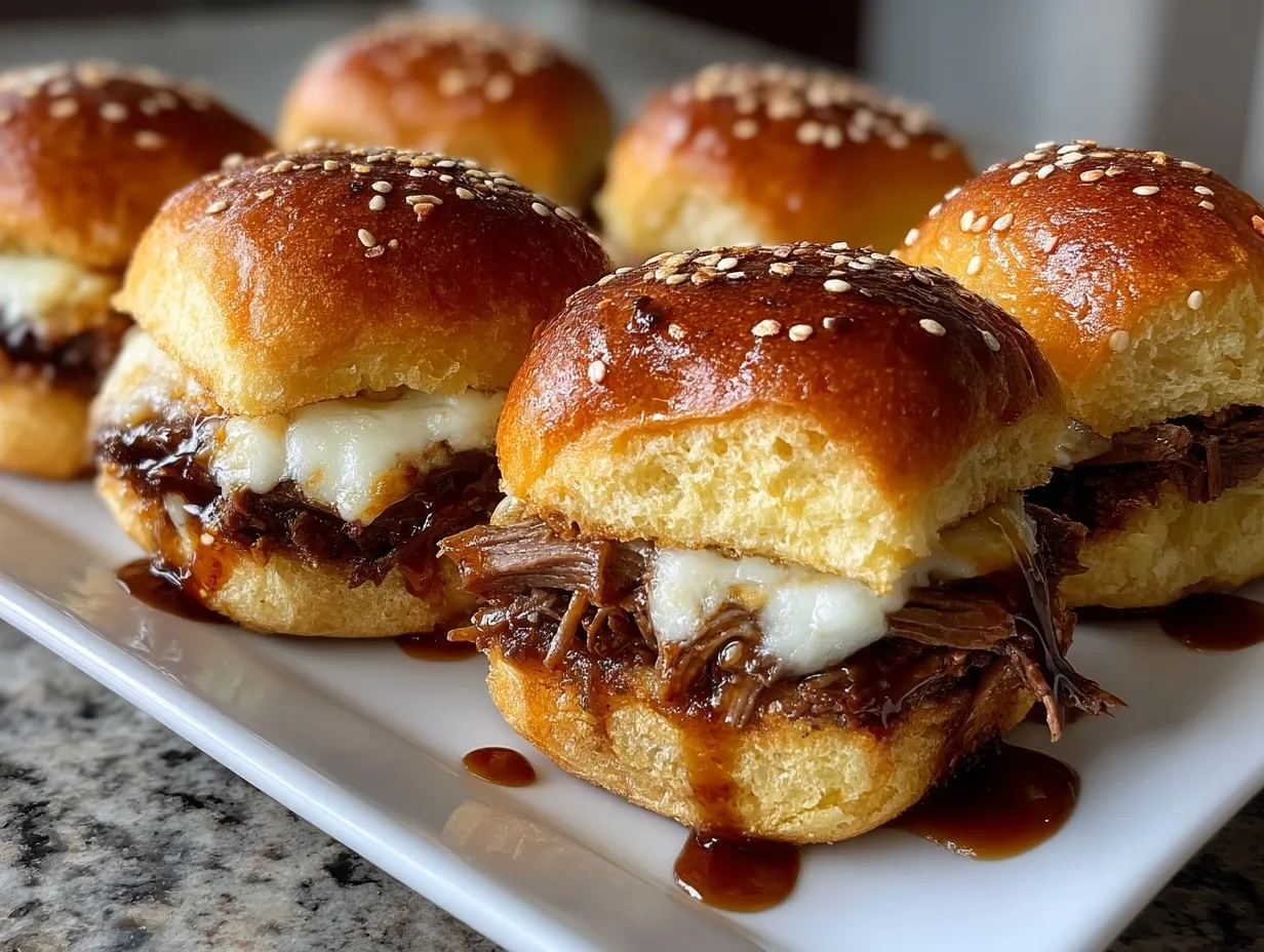 French Dip Sliders arranged on a rustic wooden board served with au jus and garnished with fresh herbs