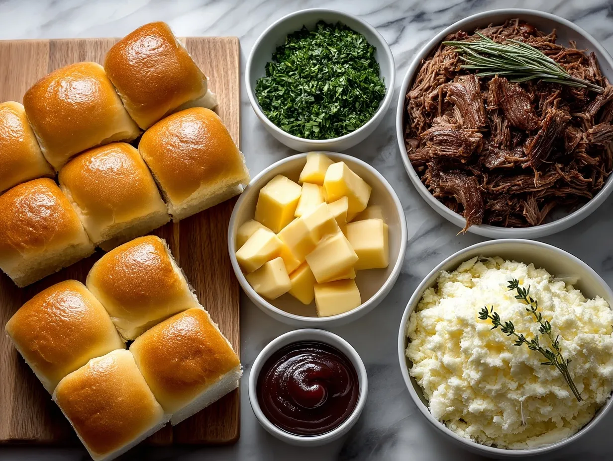Ingredients laid out for making French Dip Sliders including roast beef, slider buns, onions, olive oil, beef broth, and Worcestershire sauce