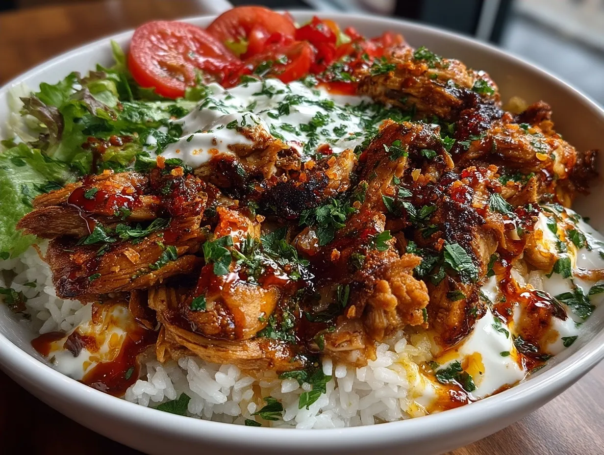 Beautifully assembled Fresh Mediterranean Chicken Bowl With Rice ready to serve