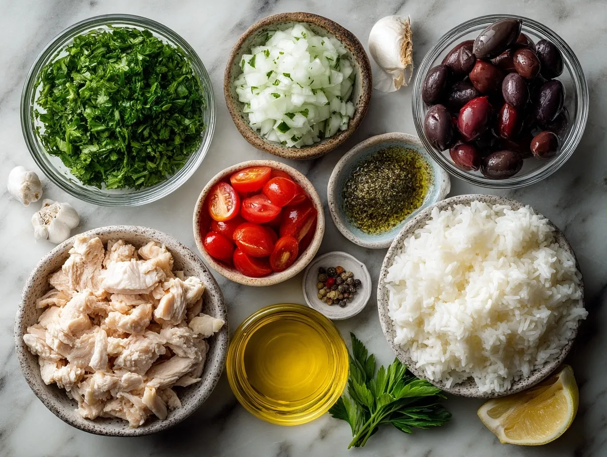 Ingredients for Fresh Mediterranean Chicken Bowl With Rice laid out