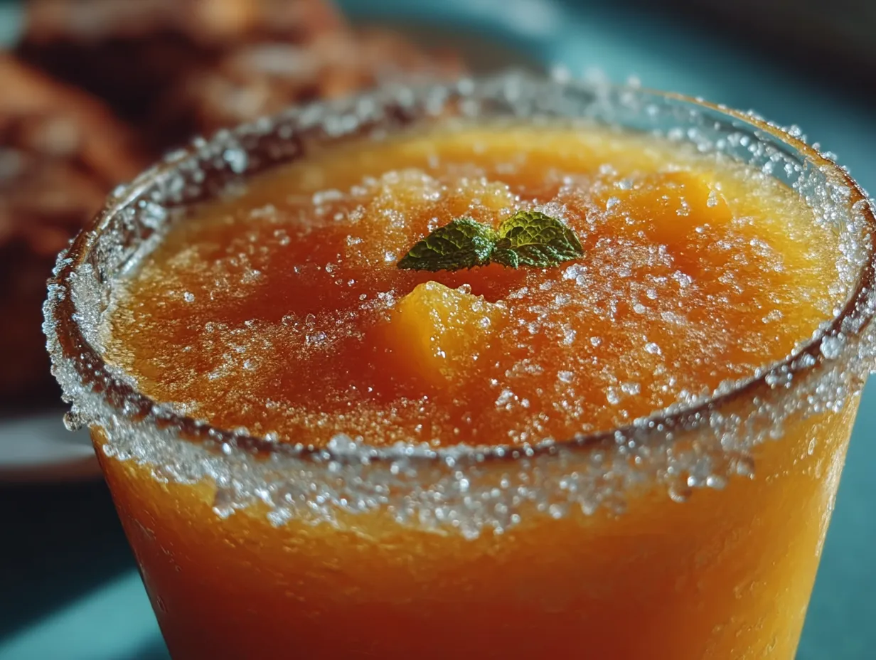 A tall glass of Frozen Peach Lemonade garnished with mint and peach slice on a summer table
