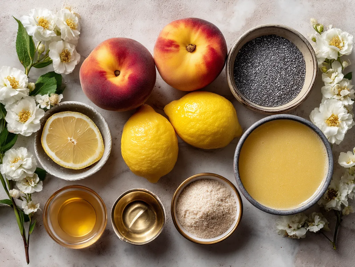 Ingredients for Frozen Peach Lemonade including frozen peach slices, fresh lemon juice, sugar, and water