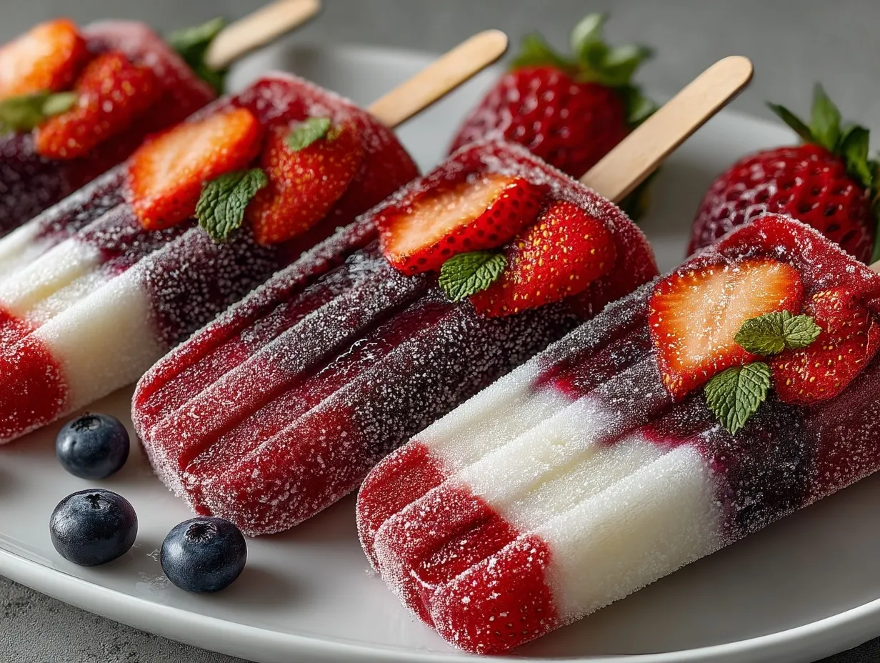 Brightly colored fruit protein popsicles on sticks served outdoors
