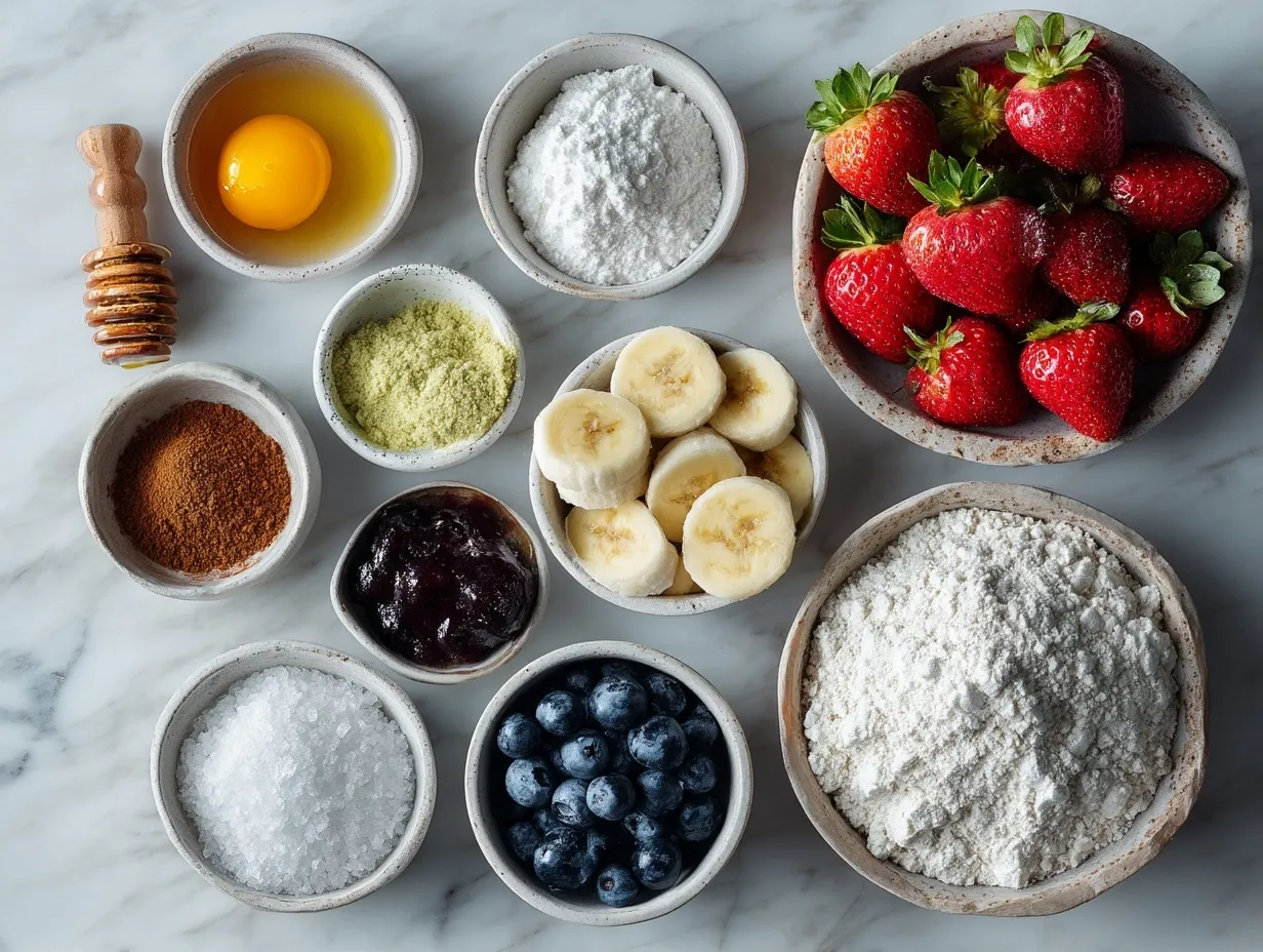 Ingredients for Fruit Protein Popsicles showing fresh fruit, yogurt, protein powder, and honey