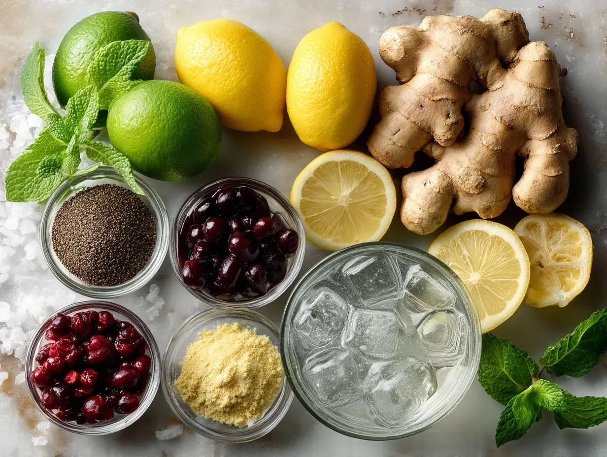 Ingredients for Ginger Lemonade including fresh lemons, ginger root, sugar, and water