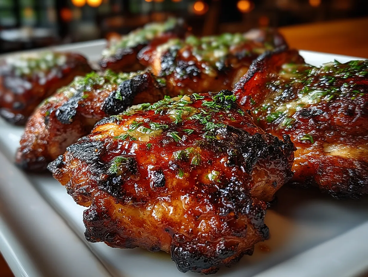 Platter with grilled BBQ chicken thighs garnished with fresh herbs and lemon wedges