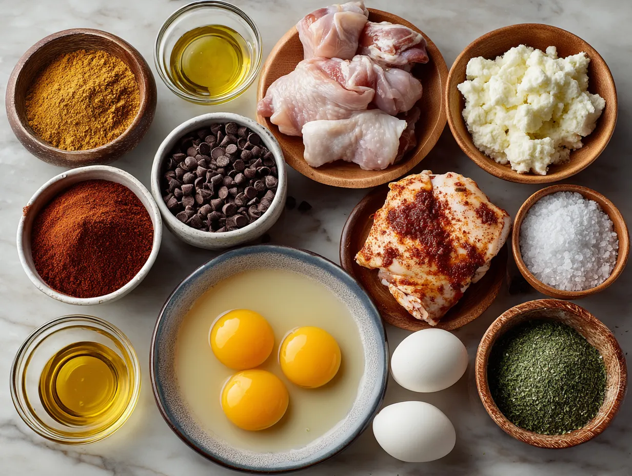 Ingredients for grilled BBQ chicken thighs including olive oil, brown sugar, spices, and chicken thighs