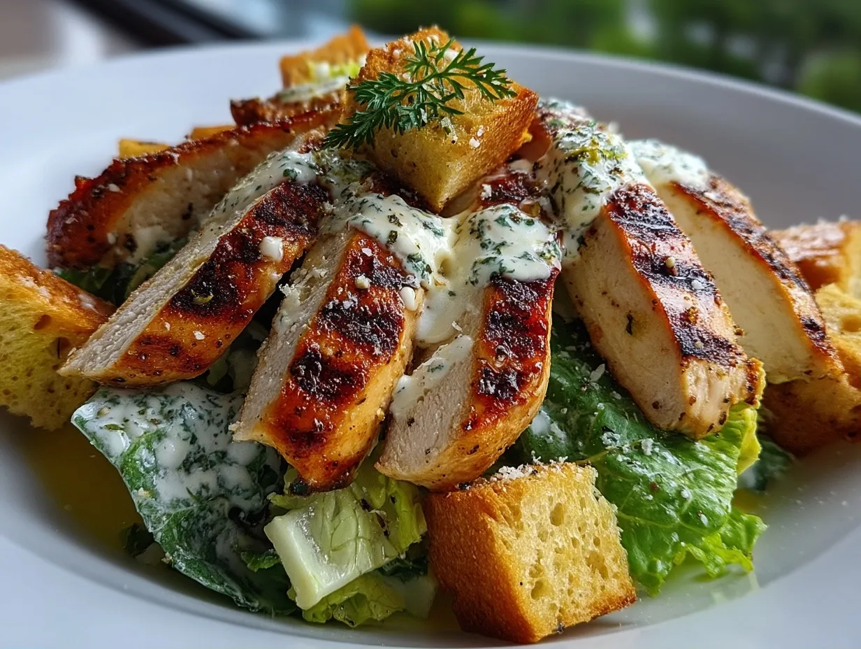 Served grilled chicken Caesar salad with croutons and cheese
