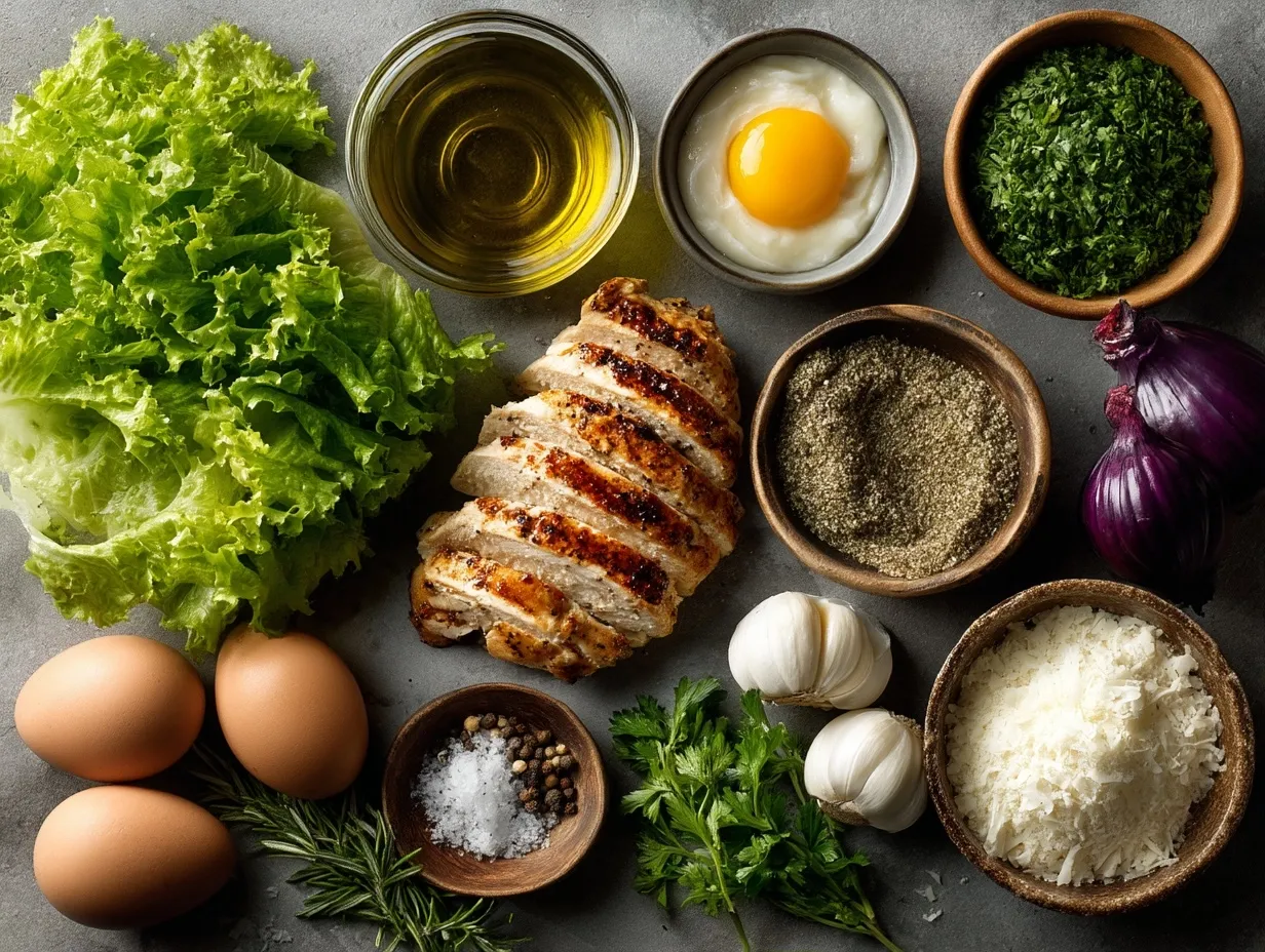 Ingredients for grilled chicken Caesar salad arranged on a table