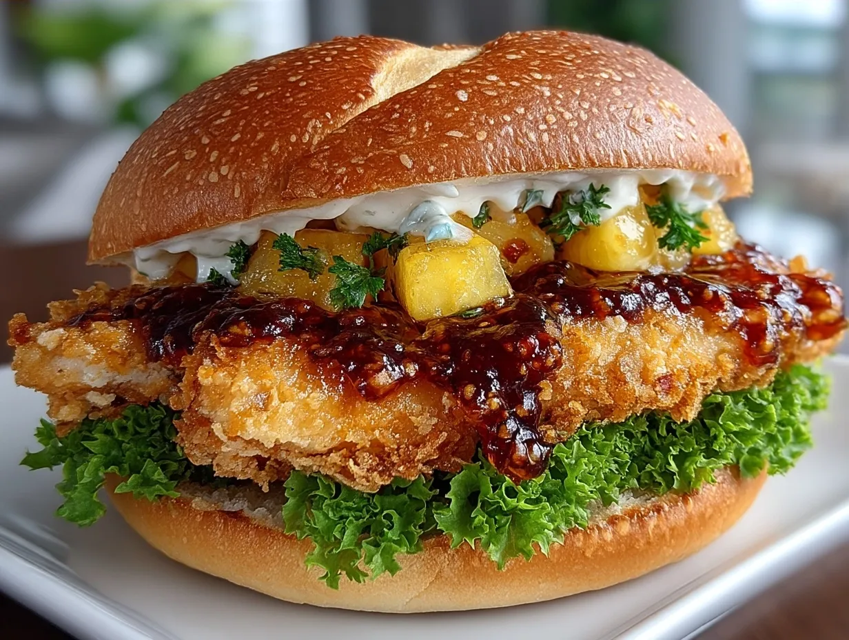 A served Hawaiian Chicken Sandwich on a plate with lettuce and pineapple showing vibrant colors