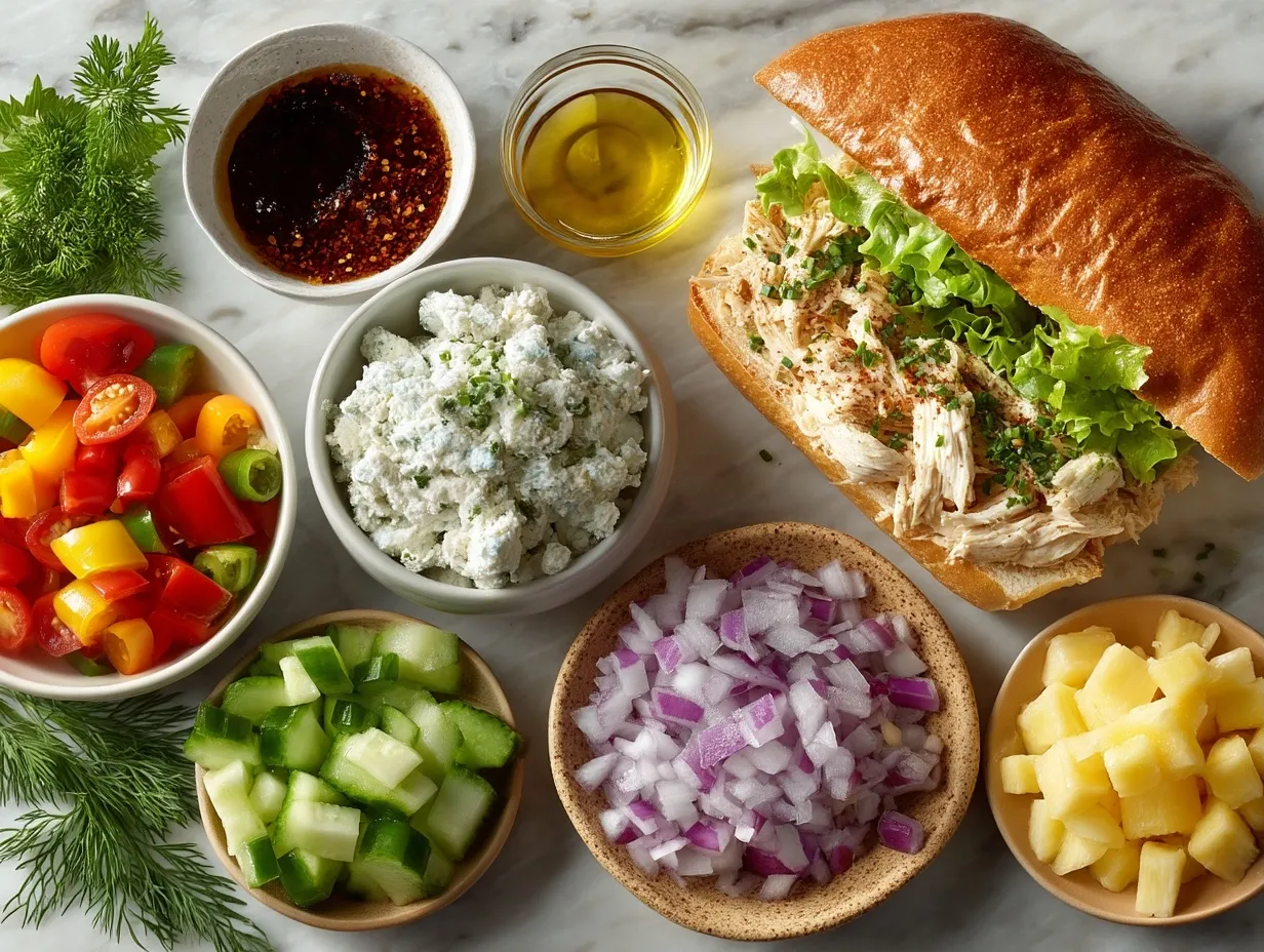 Ingredients for Hawaiian Chicken Sandwiches on a wooden board with fresh pineapple, chicken breasts, buns, and spices